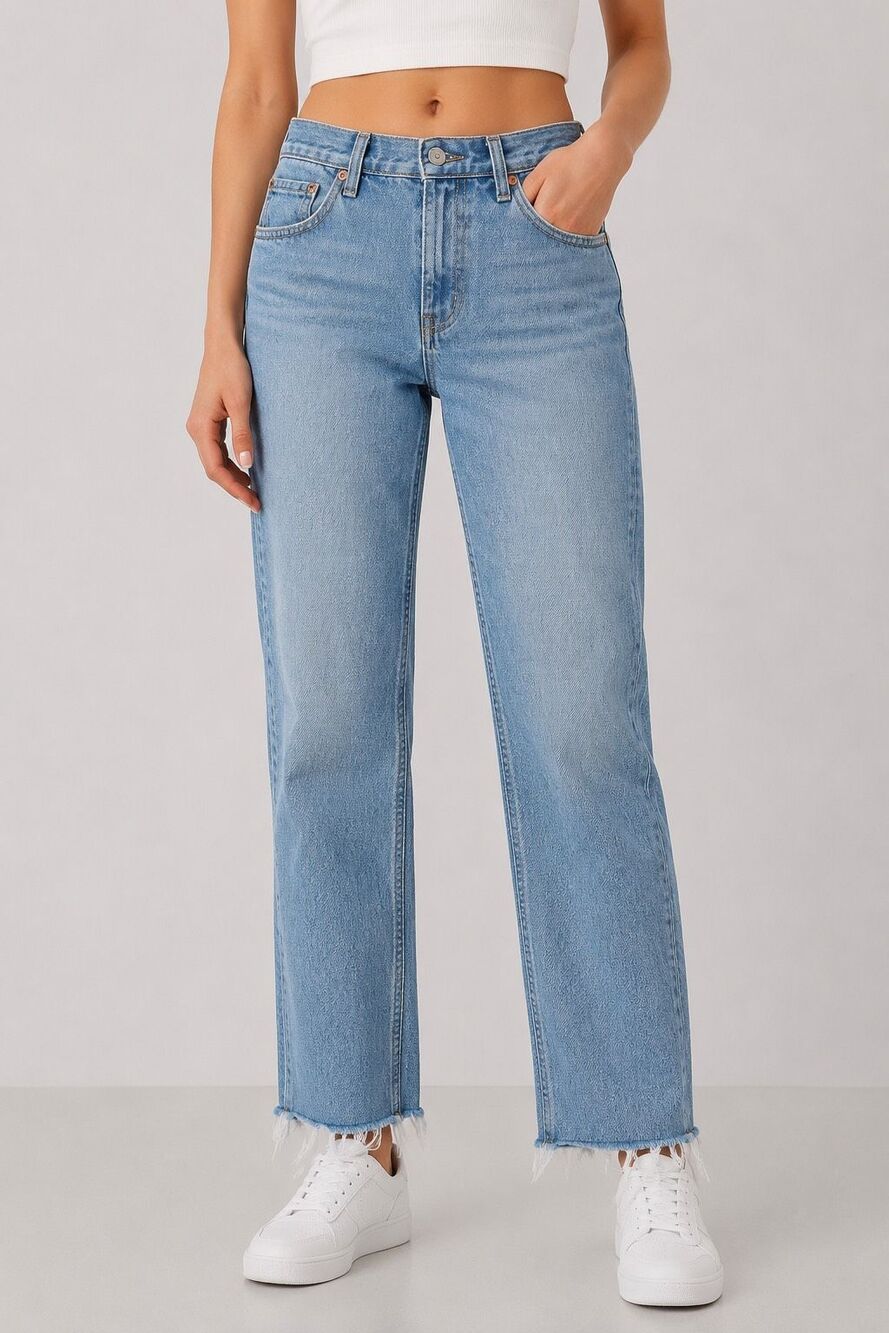Abercrombie & Fitch 90s Straight Jeans 27/4 Mid Rise Raw Hem Light Wash